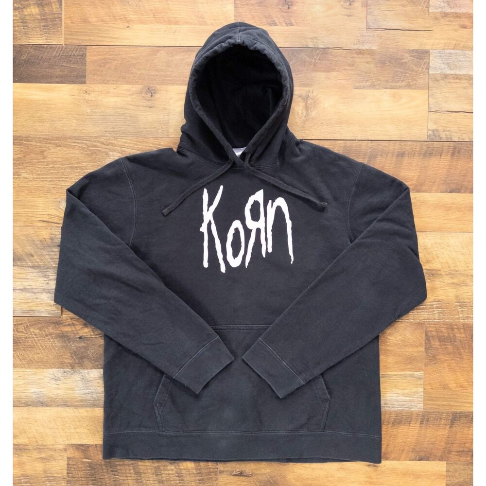 Korn Hoodie Mens Large Black White Logo Nu Metal Band Pullover Sweatshirt